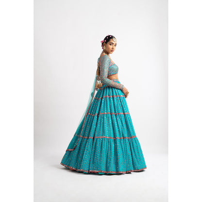 Vvani by Vani Vats Peacock Green Multi Tier Blouse with Lehenga & Dupatta (Set of 3)