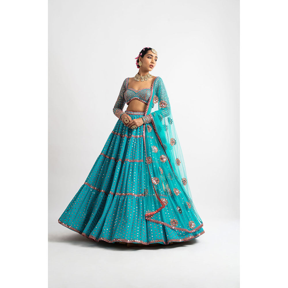 Vvani by Vani Vats Peacock Green Multi Tier Blouse with Lehenga & Dupatta (Set of 3)