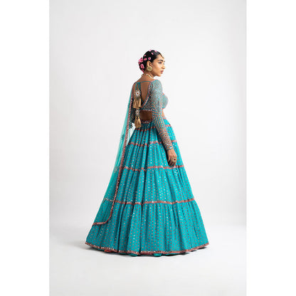 Vvani by Vani Vats Peacock Green Multi Tier Blouse with Lehenga & Dupatta (Set of 3)
