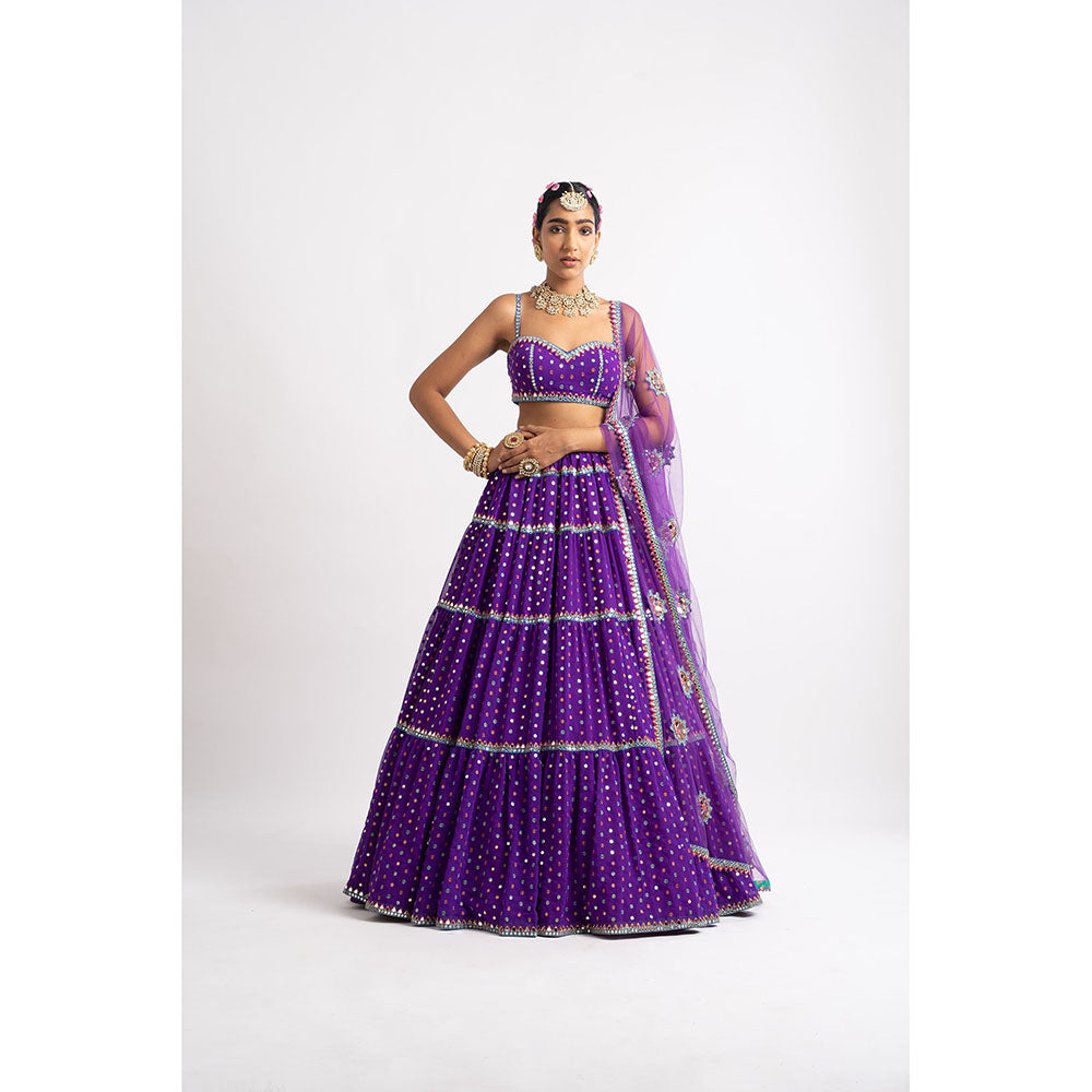 Vvani by Vani Vats Purple Noodle Strap Multi Tier Blouse with Lehenga & Dupatta (Set of 3)
