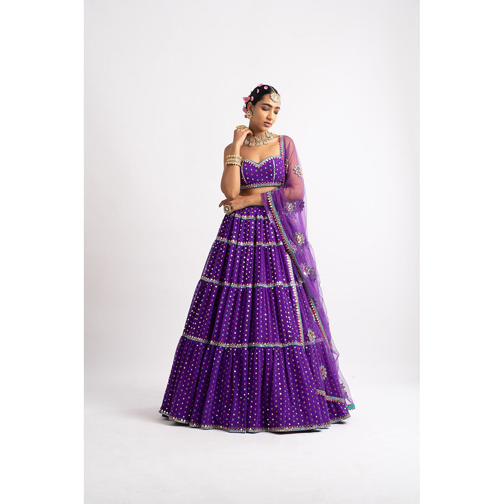 Vvani by Vani Vats Purple Noodle Strap Multi Tier Blouse with Lehenga & Dupatta (Set of 3)