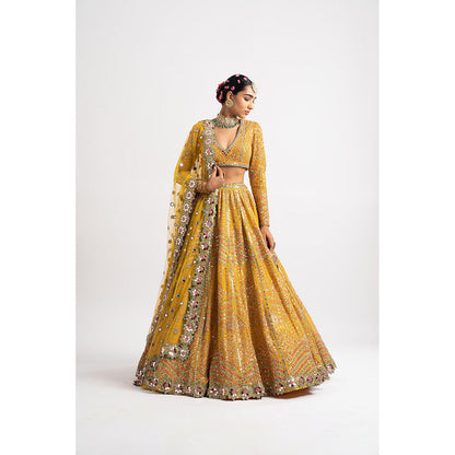 Vvani by Vani Vats Yellow V Neck Heavy Multi Color Blouse with Lehenga & Dupatta (Set of 3)