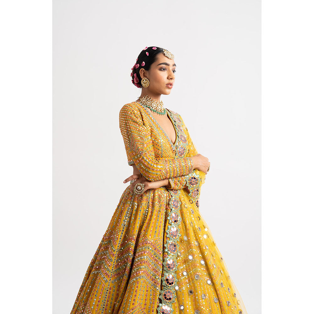Vvani by Vani Vats Yellow V Neck Heavy Multi Color Blouse with Lehenga & Dupatta (Set of 3)
