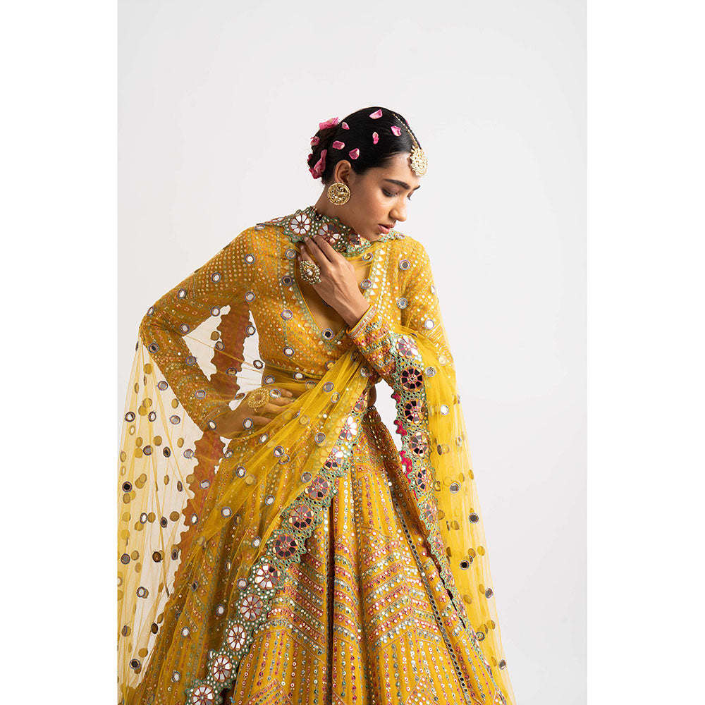 Vvani by Vani Vats Yellow V Neck Heavy Multi Color Blouse with Lehenga & Dupatta (Set of 3)