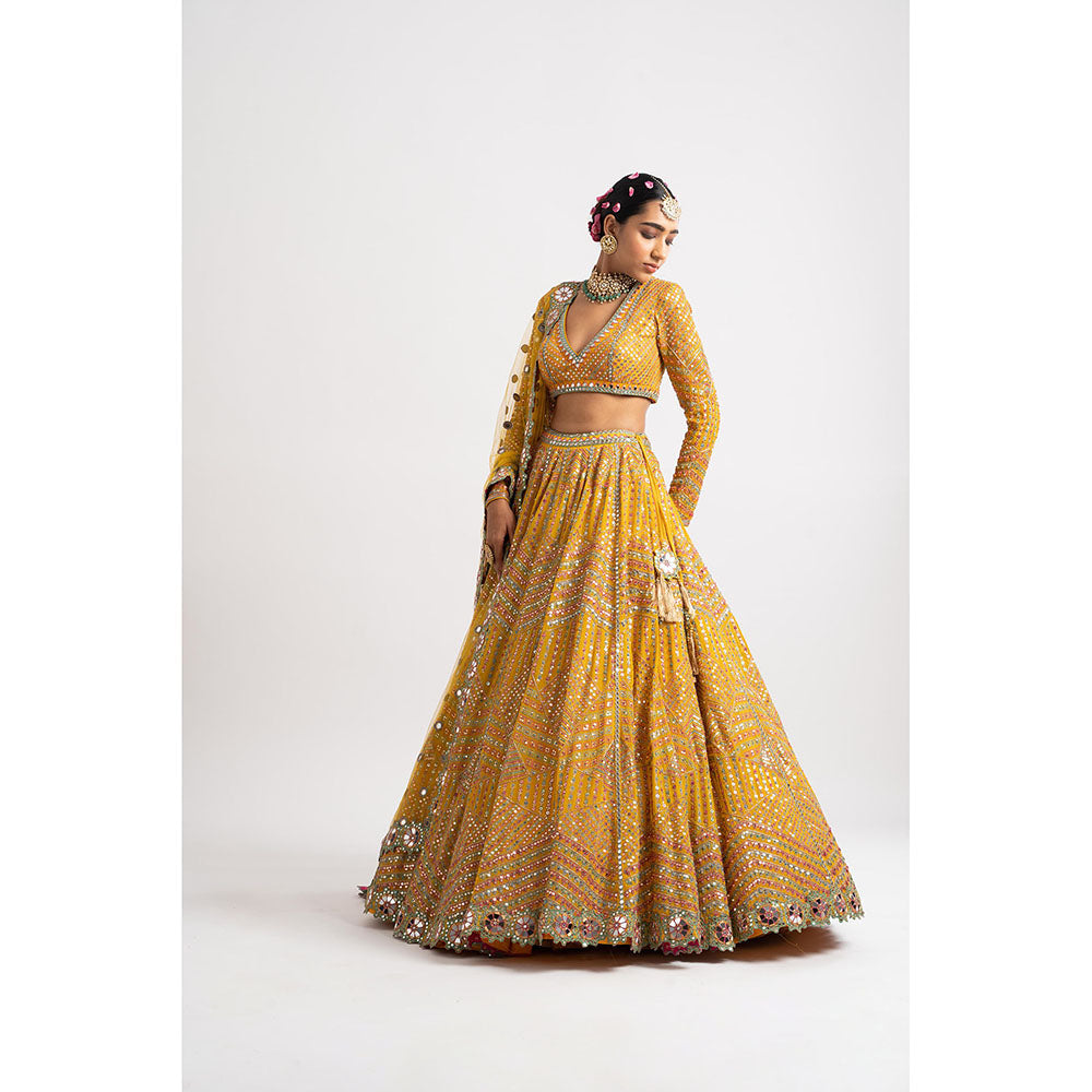 Vvani by Vani Vats Yellow V Neck Heavy Multi Color Blouse with Lehenga & Dupatta (Set of 3)