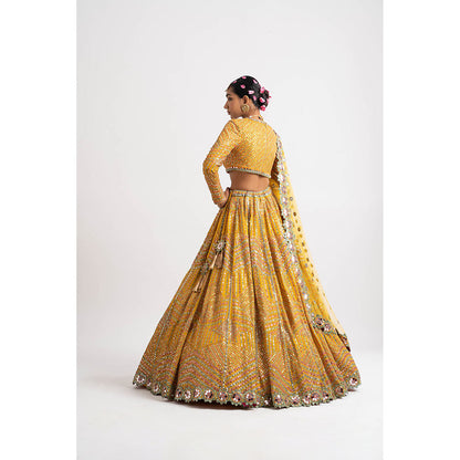 Vvani by Vani Vats Yellow V Neck Heavy Multi Color Blouse with Lehenga & Dupatta (Set of 3)