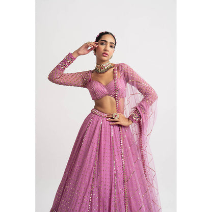 Vvani by Vani Vats Dark Blush Single Tier Blouse with Lehenga & Dupatta (Set of 3)