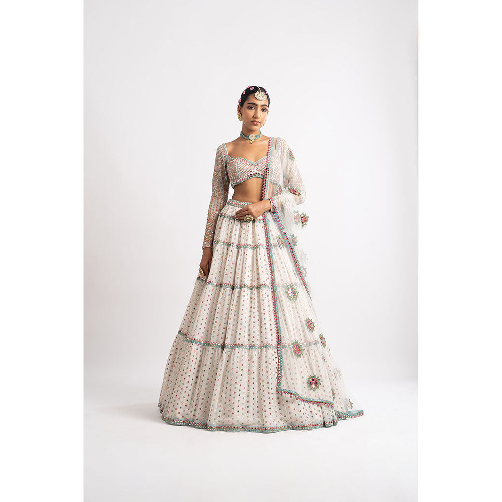 Vvani by Vani Vats White Multi Tier Blouse with Lehenga & Dupatta (Set of 3)