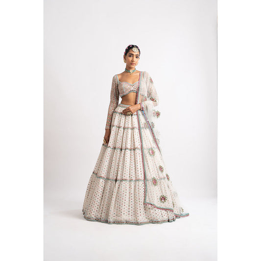 Vvani by Vani Vats White Multi Tier Blouse with Lehenga & Dupatta (Set of 3)