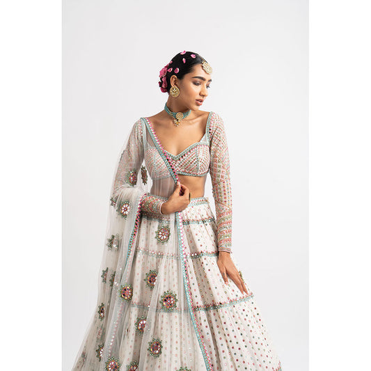 Vvani by Vani Vats White Multi Tier Blouse with Lehenga & Dupatta (Set of 3)