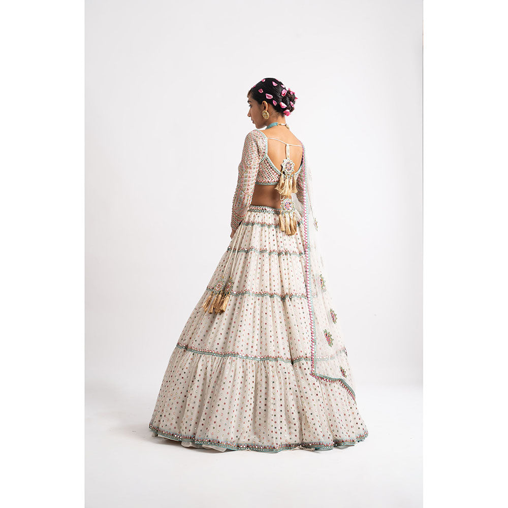 Vvani by Vani Vats White Multi Tier Blouse with Lehenga & Dupatta (Set of 3)