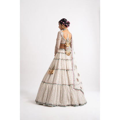 Vvani by Vani Vats White Multi Tier Blouse with Lehenga & Dupatta (Set of 3)