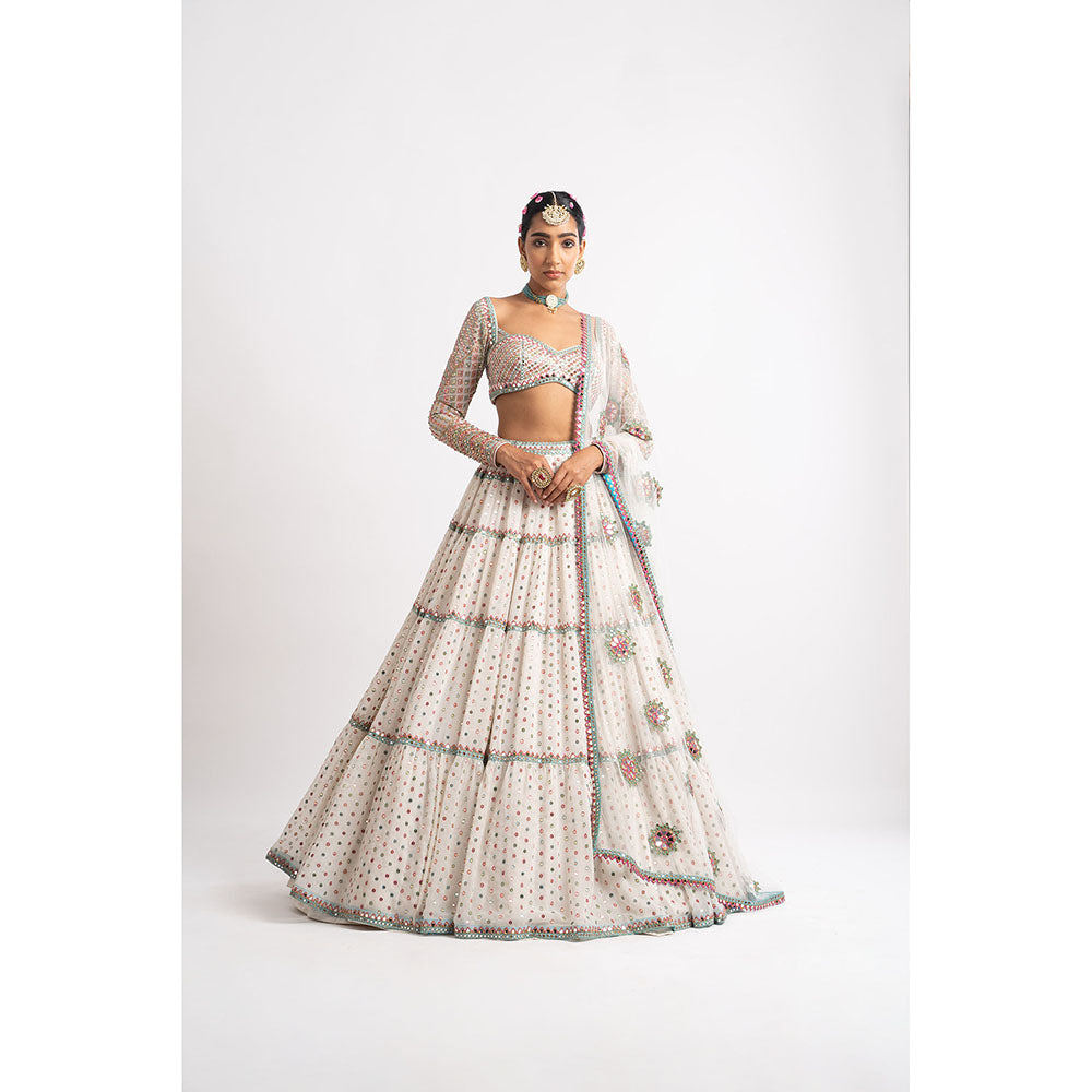 Vvani by Vani Vats White Multi Tier Blouse with Lehenga & Dupatta (Set of 3)