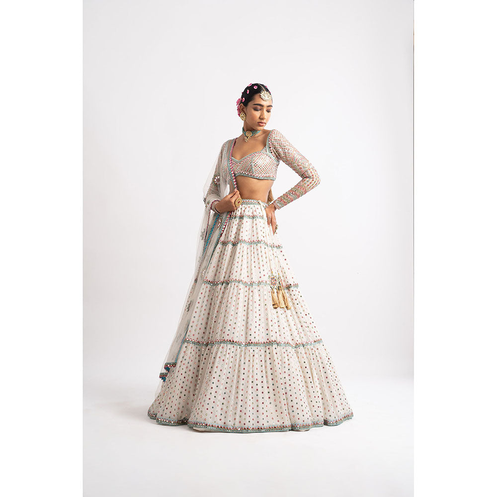 Vvani by Vani Vats White Multi Tier Blouse with Lehenga & Dupatta (Set of 3)