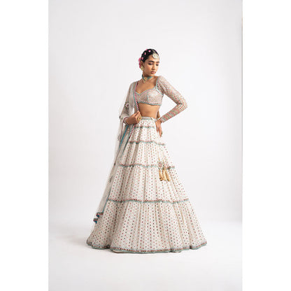 Vvani by Vani Vats White Multi Tier Blouse with Lehenga & Dupatta (Set of 3)