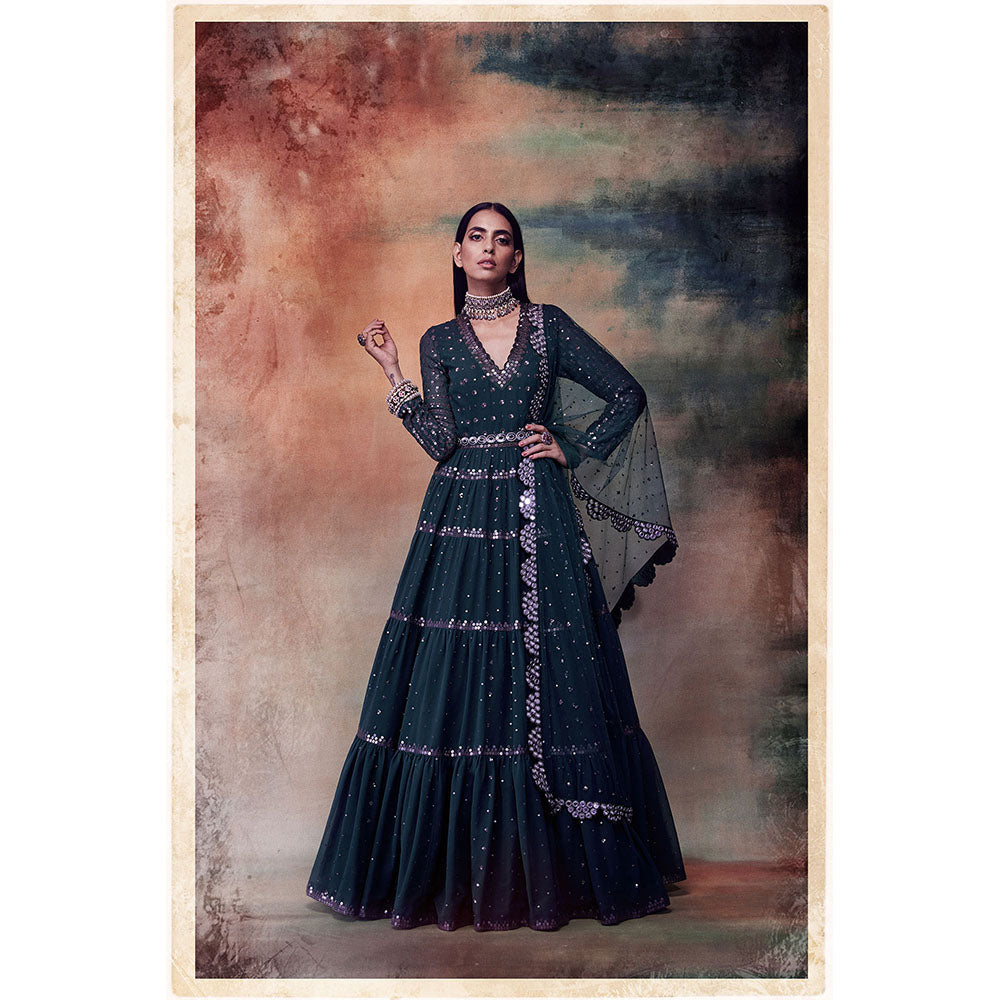 Vvani by Vani Vats Dark Teal Green Tier Anarkali Kurta with Dupatta & Belt (Set of 3)