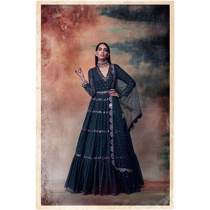 Vvani by Vani Vats Dark Teal Green Tier Anarkali Kurta with Dupatta & Belt (Set of 3)