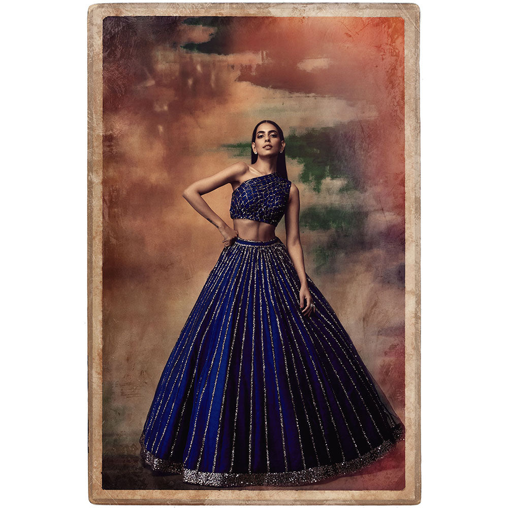 Vvani by Vani Vats Midnight Blue One Shoulder Crop Top & Skirt (Set of 2)