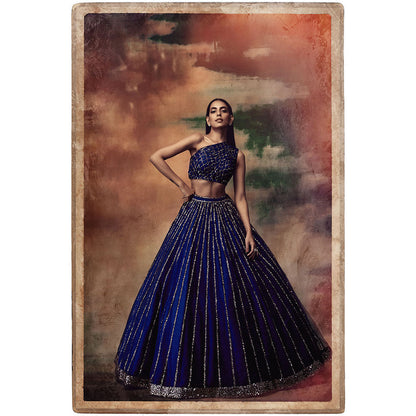 Vvani by Vani Vats Midnight Blue One Shoulder Crop Top & Skirt (Set of 2)