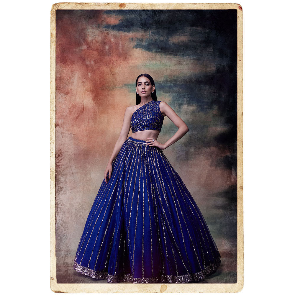 Vvani by Vani Vats Midnight Blue One Shoulder Crop Top & Skirt (Set of 2)