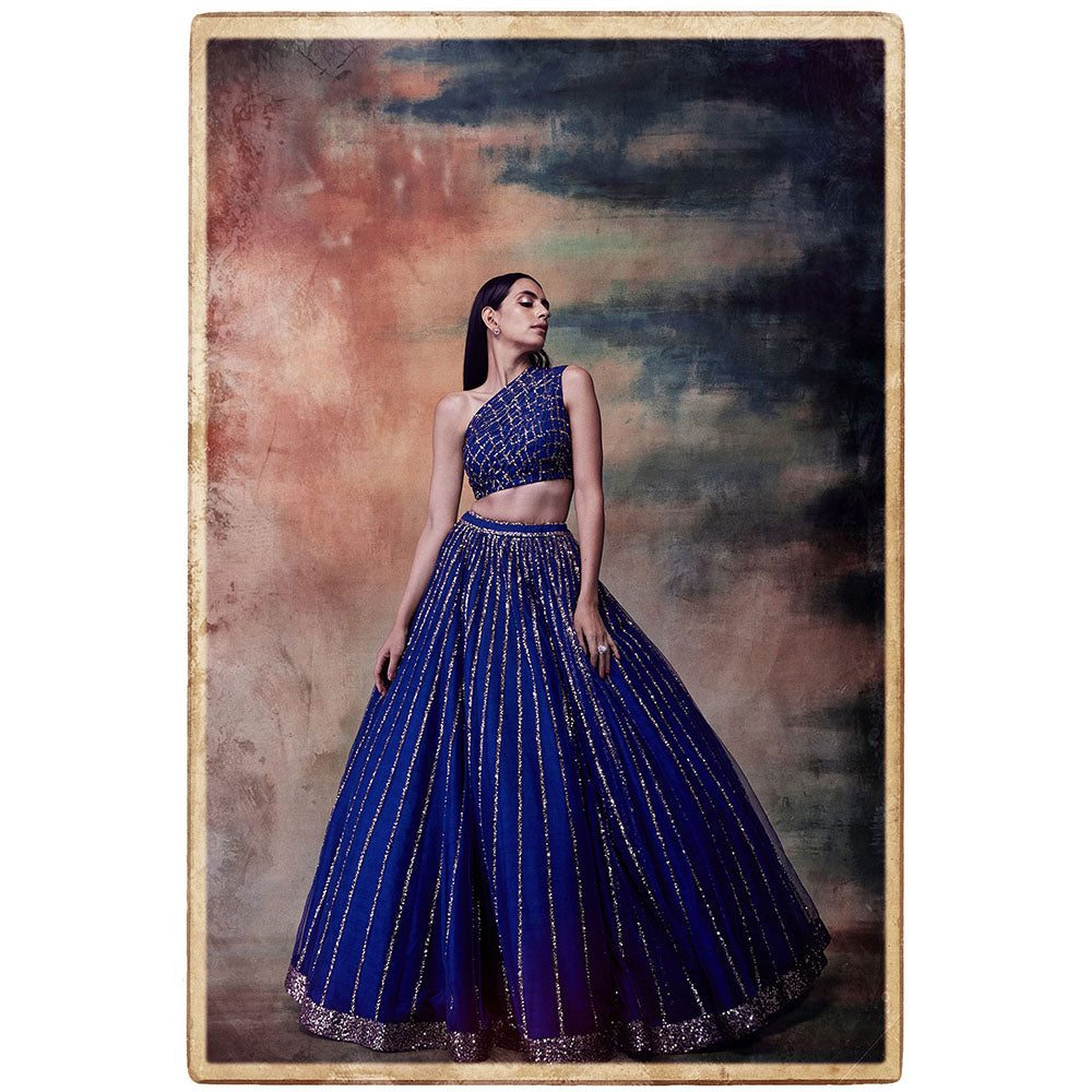 Vvani by Vani Vats Midnight Blue One Shoulder Crop Top & Skirt (Set of 2)