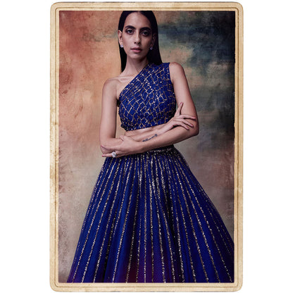 Vvani by Vani Vats Midnight Blue One Shoulder Crop Top & Skirt (Set of 2)