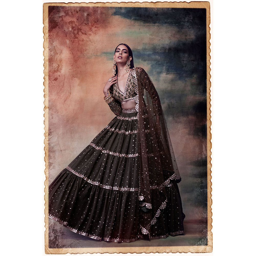 Vvani by Vani Vats Olive Green Tier Blouse with Lehenga & Dupatta (Set of 3)