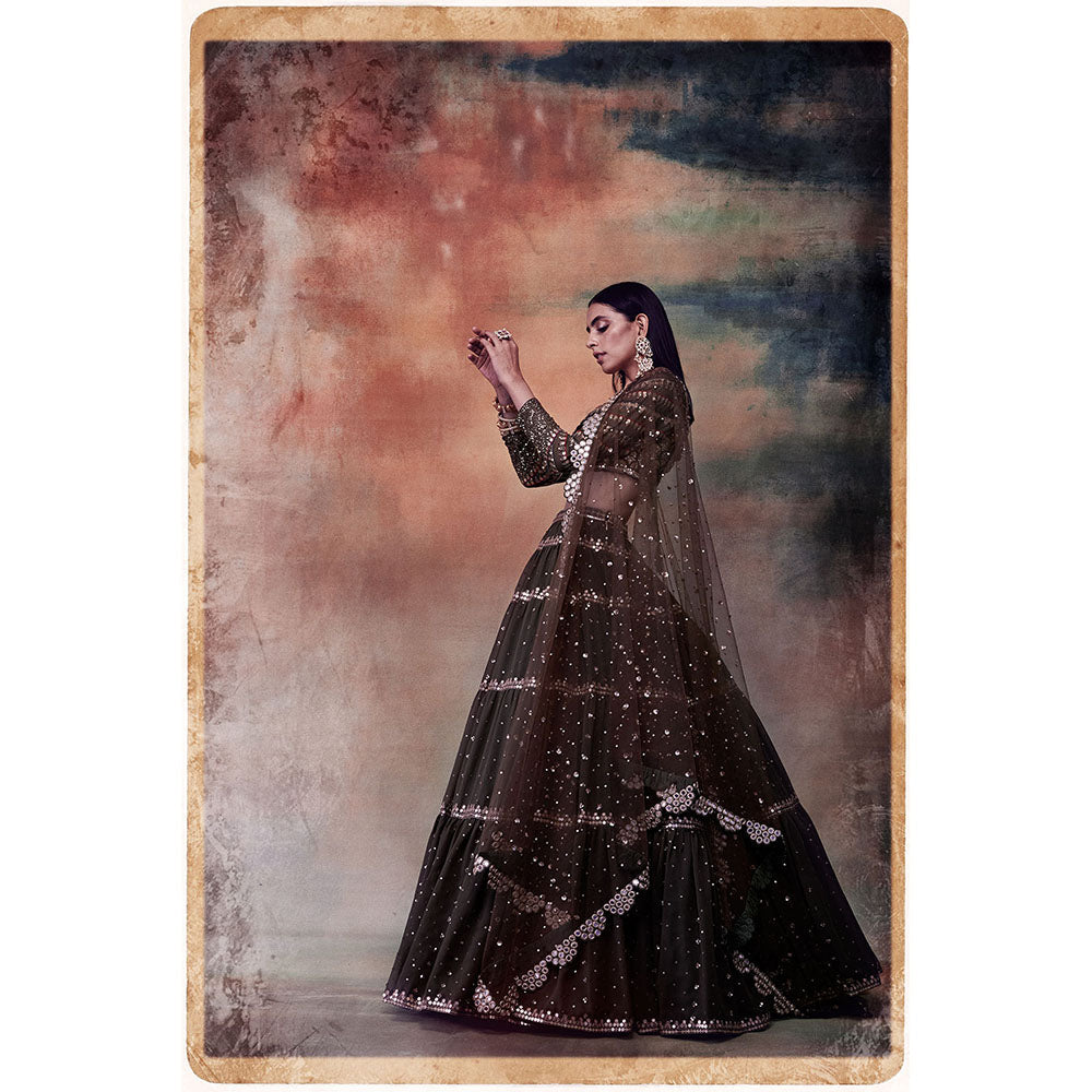 Vvani by Vani Vats Olive Green Tier Blouse with Lehenga & Dupatta (Set of 3)