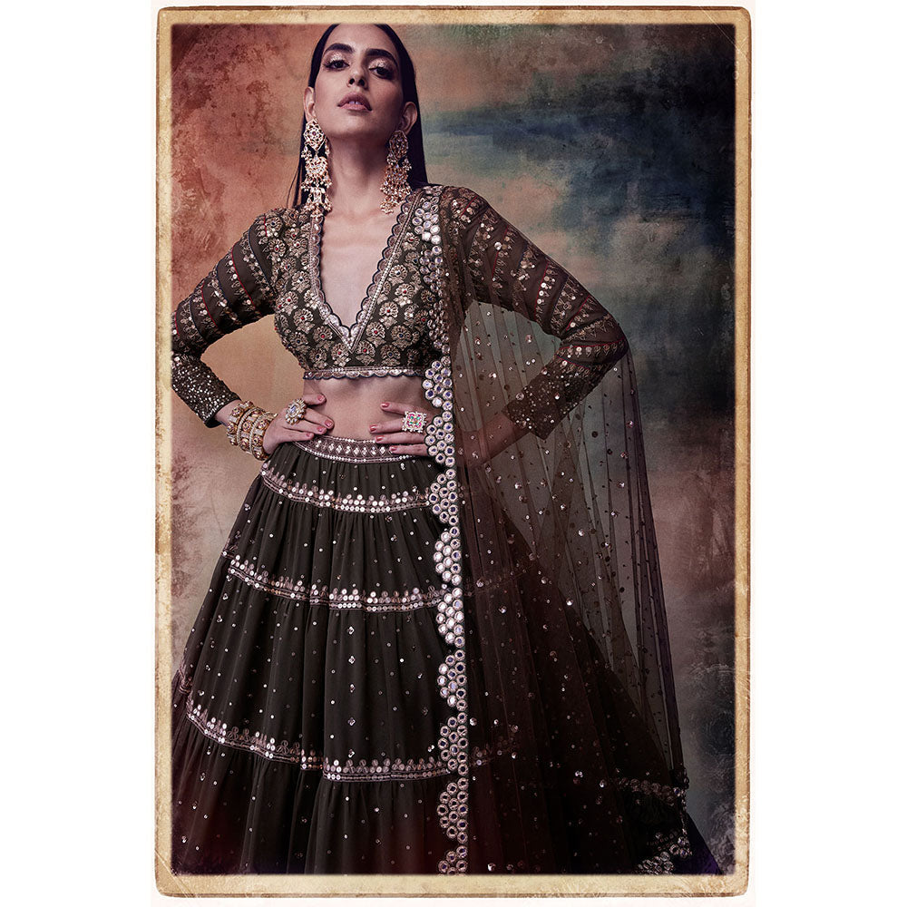 Vvani by Vani Vats Olive Green Tier Blouse with Lehenga & Dupatta (Set of 3)