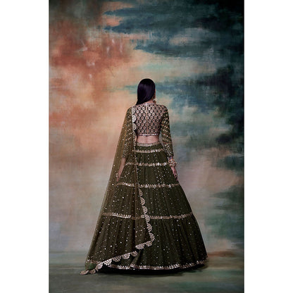 Vvani by Vani Vats Olive Green Tier Blouse with Lehenga & Dupatta (Set of 3)