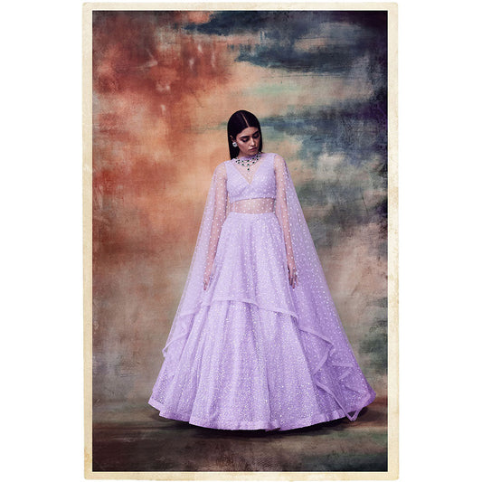 Vvani by Vani Vats Powder Lilac Sequined Blouse with Lehenga & Dupatta (Set of 3)