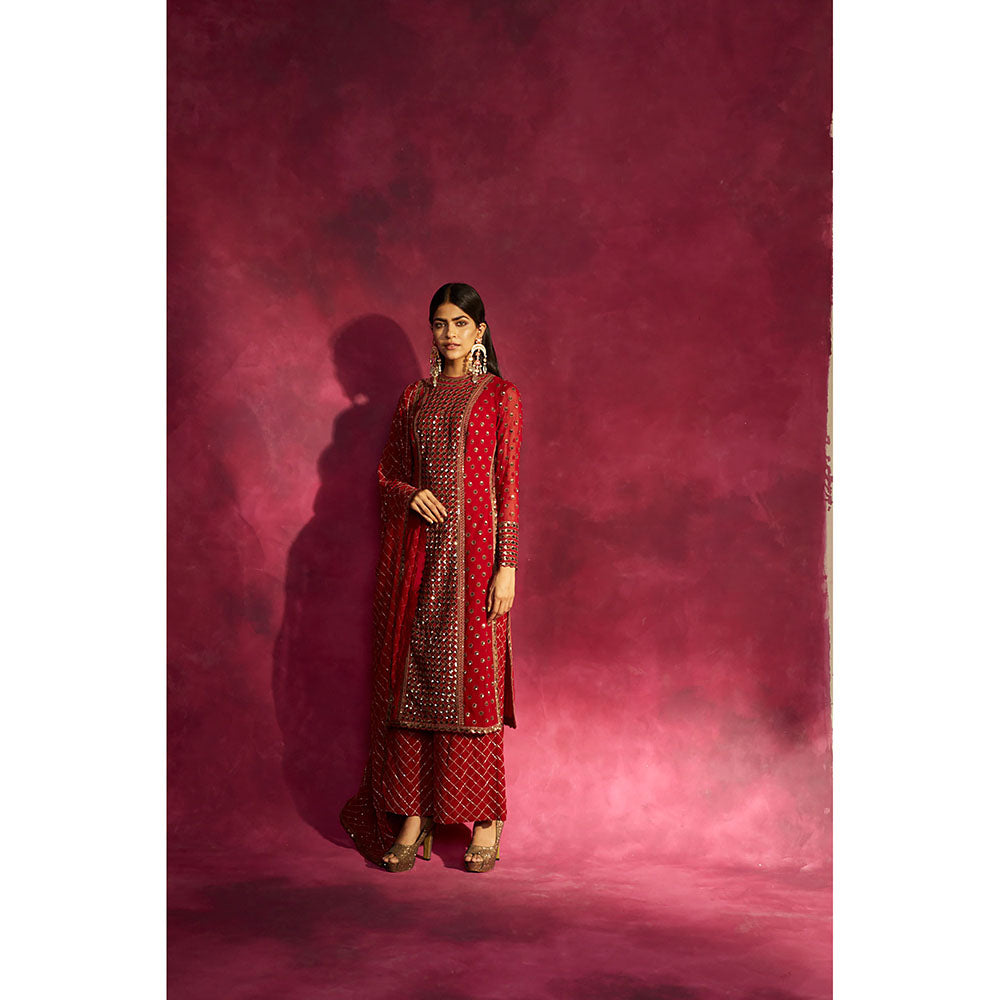 Vvani by Vani Vats Deep Red Kurta & Palazzo with Dupatta (Set of 3)