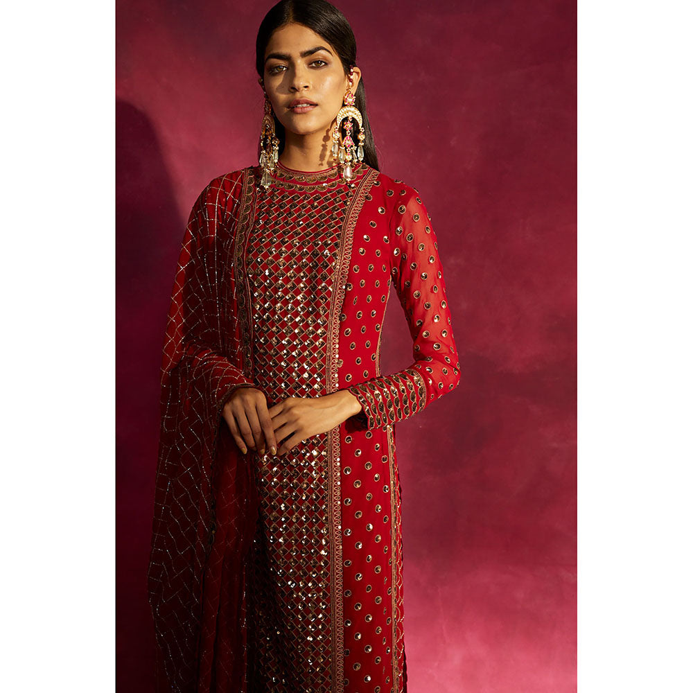 Vvani by Vani Vats Deep Red Kurta & Palazzo with Dupatta (Set of 3)