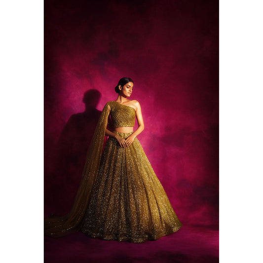 Vvani by Vani Vats Dull Gold One Shoulder Veil Blouse & Lehenga (Set of 2)