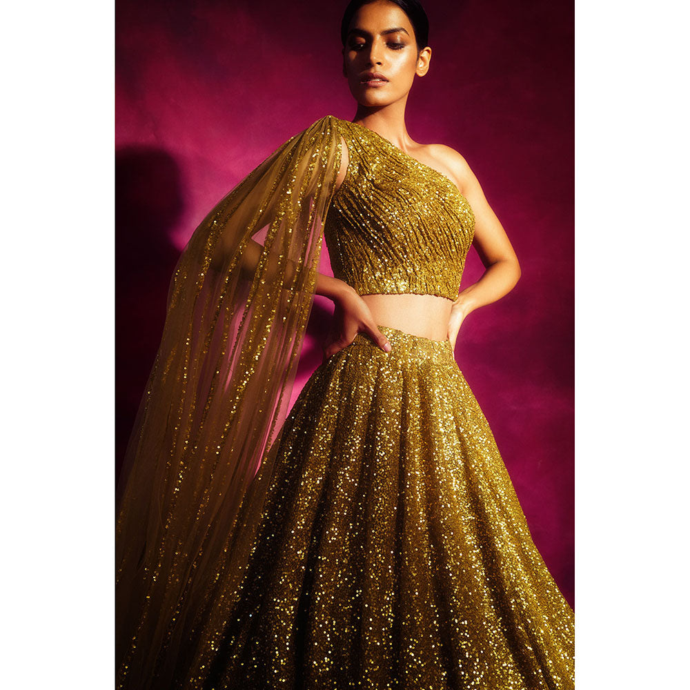 Vvani by Vani Vats Dull Gold One Shoulder Veil Blouse & Lehenga (Set of 2)