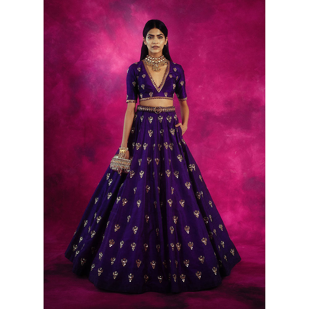 Vvani by Vani Vats Purple Chand Boota Crop Top & Skirt with Belt (Set of 3)