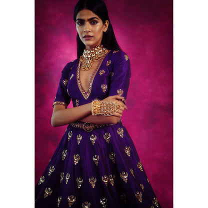 Vvani by Vani Vats Purple Chand Boota Crop Top & Skirt with Belt (Set of 3)