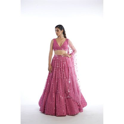 Vvani by Vani Vats Dark Blush Tier Lehenga with Blouse & Dupatta (Set of 3)
