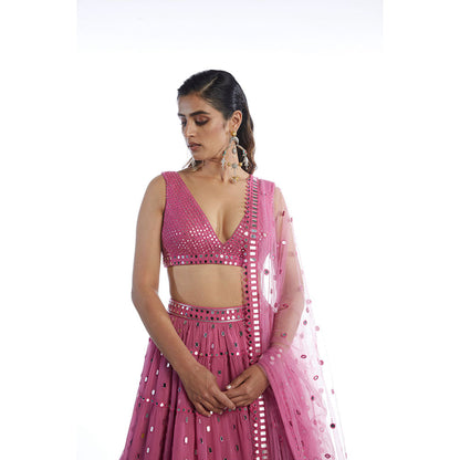 Vvani by Vani Vats Dark Blush Tier Lehenga with Blouse & Dupatta (Set of 3)