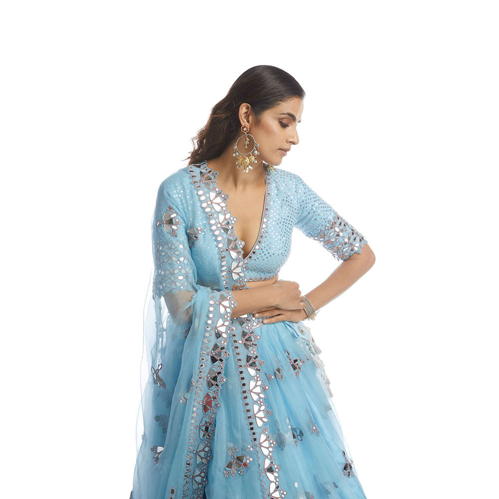 Vvani by Vani Vats Ice Blue Knife Pleated Mirror Lehenga with Blouse & Dupatta (Set of 3)