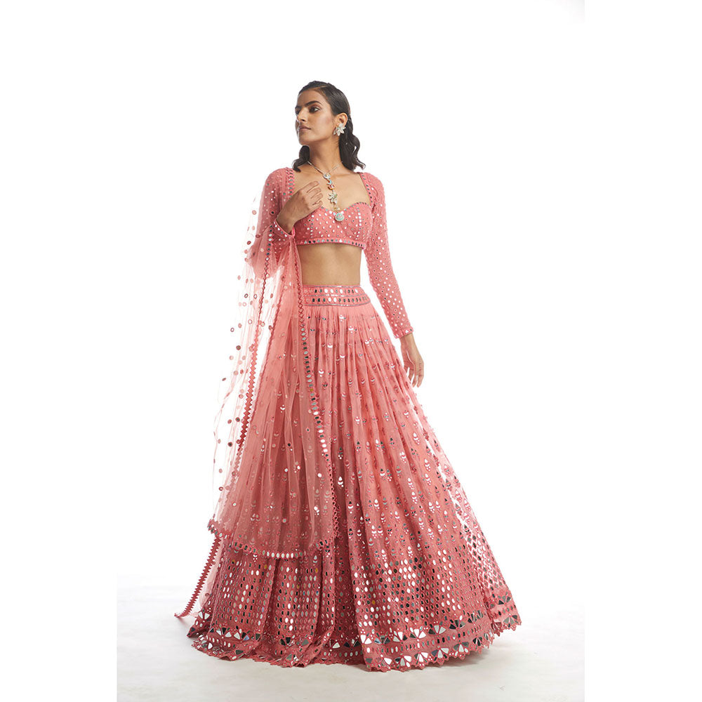 Vvani by Vani Vats Dull Coral Mirror Gradation Lehenga with Blouse & Dupatta (Set of 3)