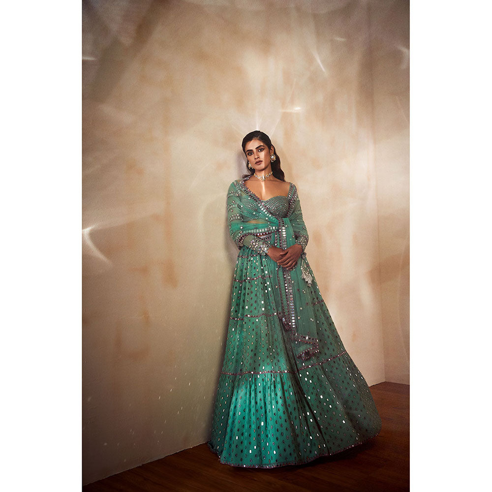 Vvani by Vani Vats Dull Mint Tier Blouse with Lehenga & Dupatta (Set of 3)