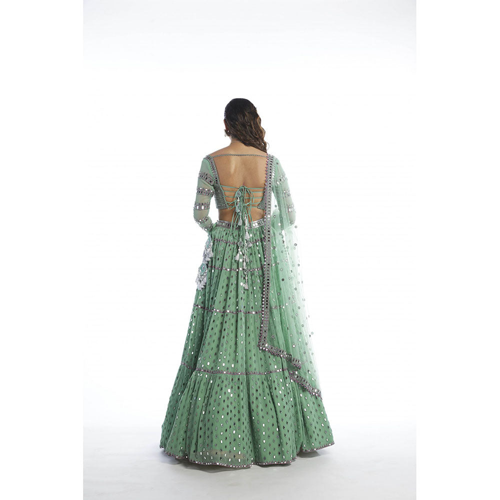 Vvani by Vani Vats Dull Mint Tier Blouse with Lehenga & Dupatta (Set of 3)