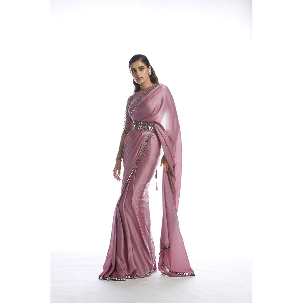 Vvani by Vani Vats Old Rose Satin Chiffon Saree with Stitched Blouse and Belt
