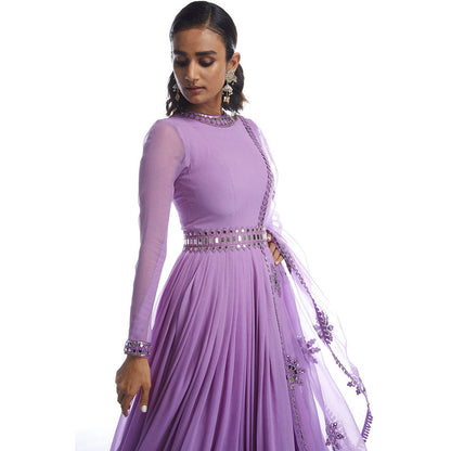 Vvani by Vani Vats Catnip Purple Chiffon Anarkali Kurta & Dupatta (Set of 2)