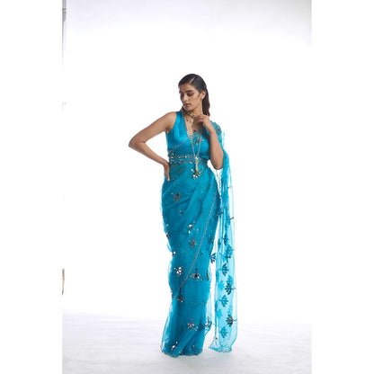 Vvani by Vani Vats Turquoise Mirror Cut Work Saree with Stitched Blouse and Belt
