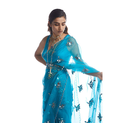 Vvani by Vani Vats Turquoise Mirror Cut Work Saree with Stitched Blouse and Belt
