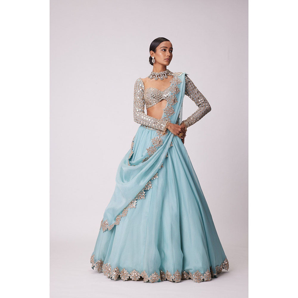 Vvani by Vani Vats Blue Mirror Work Lehenga with Blouse and Dupatta (Set of 3)