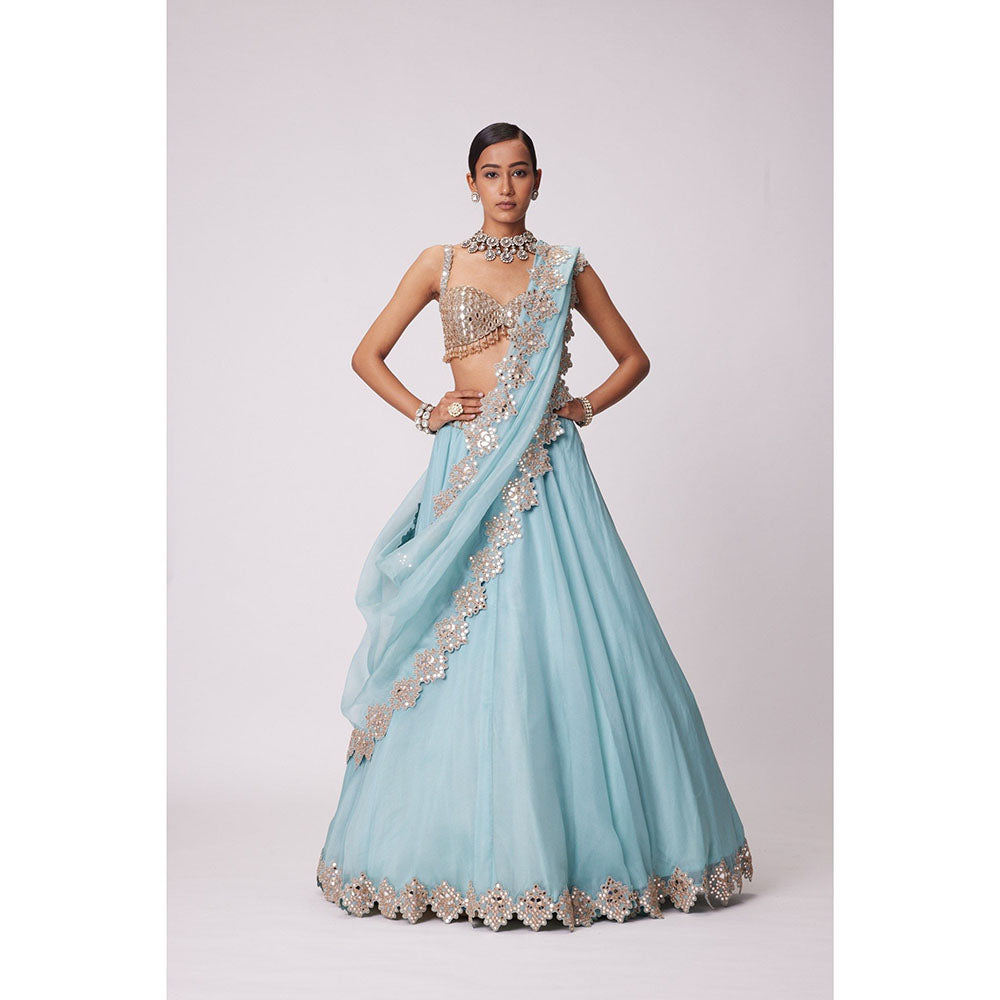 Vvani by Vani Vats Blue Hand Embroidered Lehenga with Blouse and Dupatta (Set of 3)