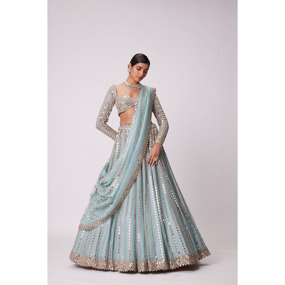 Vvani by Vani Vats Blue Linear Embroidered Lehenga with Blouse and Dupatta (Set of 3)